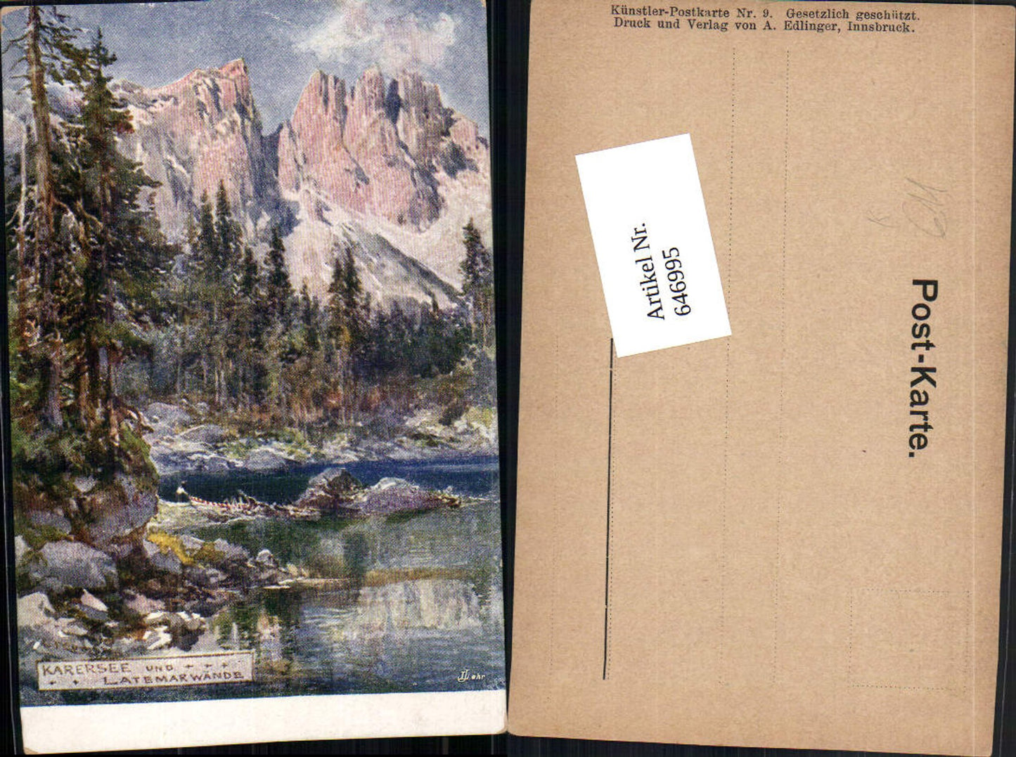 646995,Künstler AK E.T. Compton Karersee Latemar Trentino Welschnofen