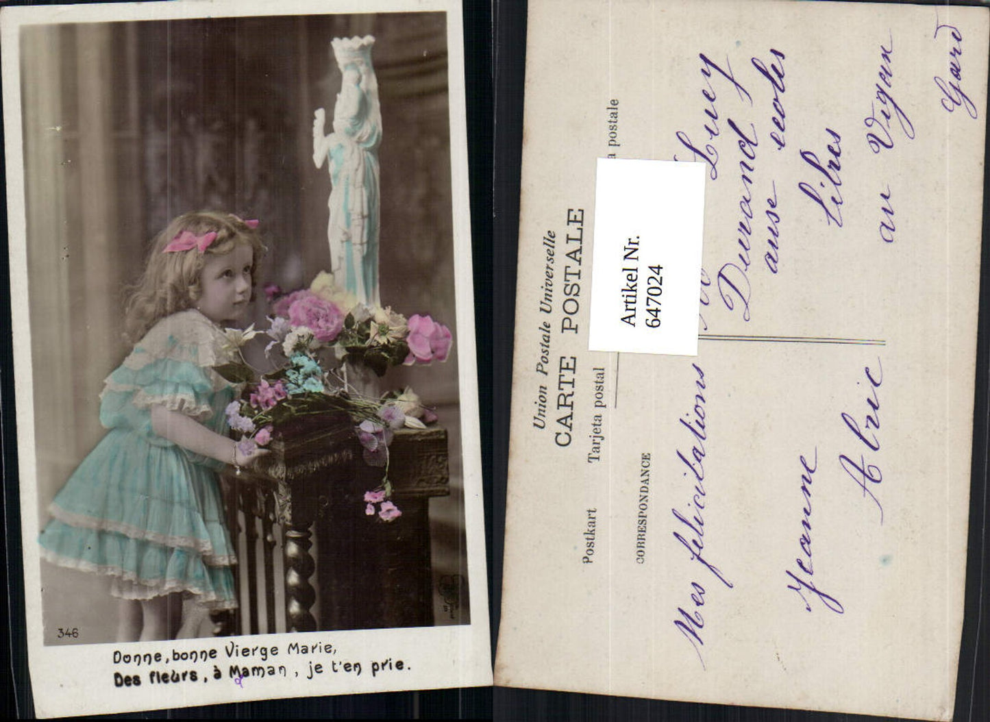 647024,Foto-AK Kind Mädchen Kleid Heilige Maria Rosen