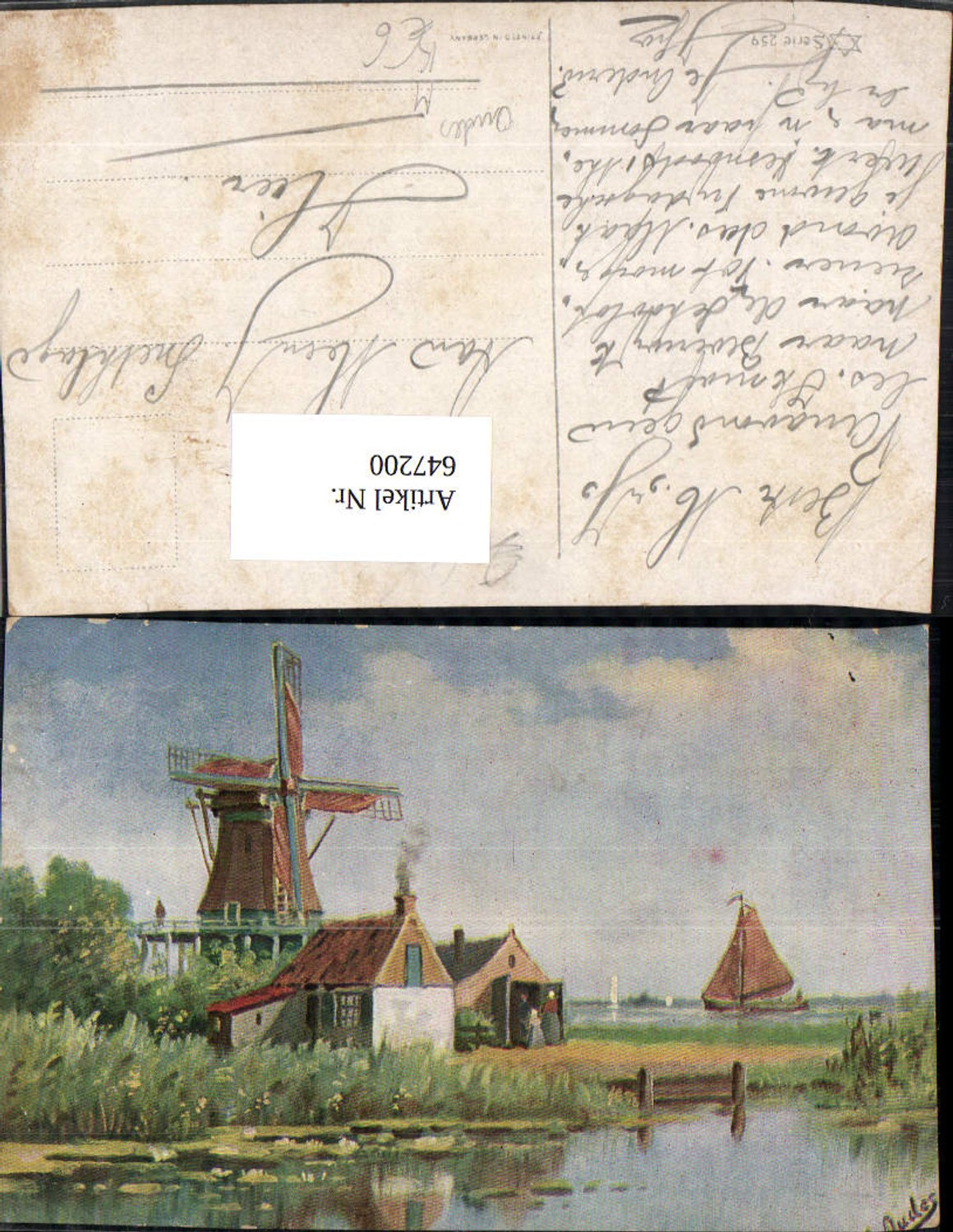 647200,Künstler Ak J. Oudes Windmühle Segelboot