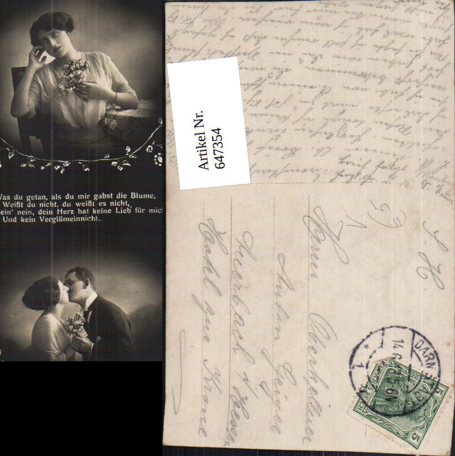 647354,Fotomontage Frau Paar Kuss Vergissmeinnicht Text pub EAS 9299/6