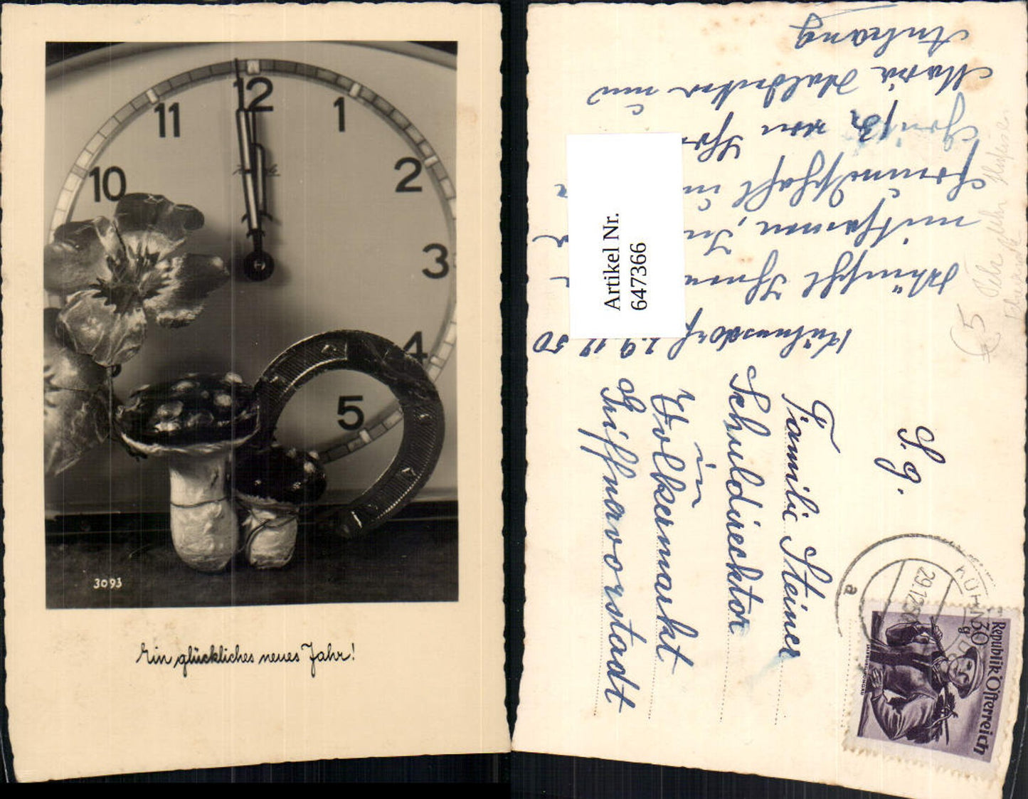 647366,Fotokunst Uhr Hufeisen Fliegenpilz Pilz Neujahr