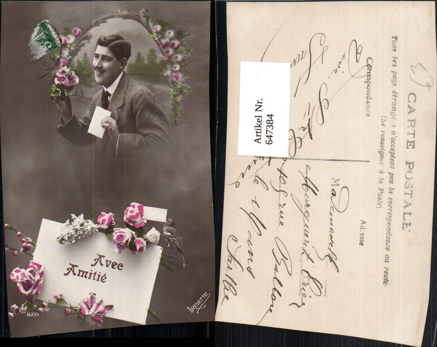 647384,Fotomontage Mann m. Brief Kuvert Avec Amitie Vogel Blumen Rosen