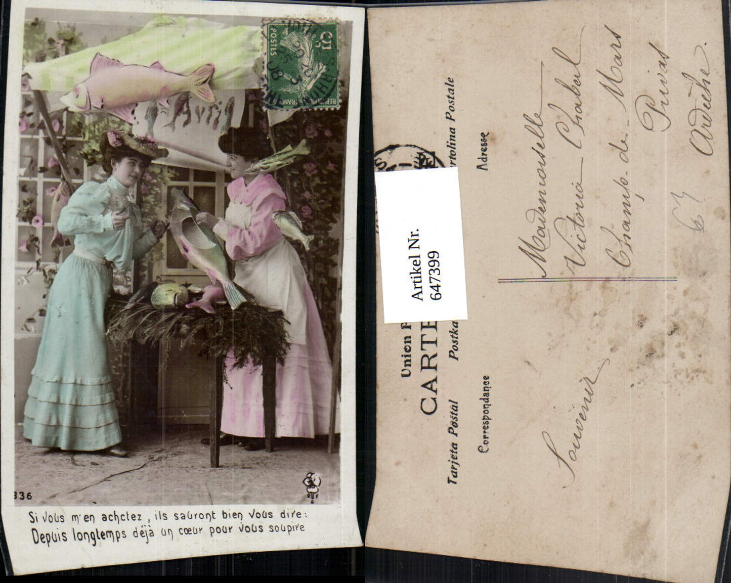 647399,Fotokunst Frauen Mode Hut Kleider Fisch Spruch France