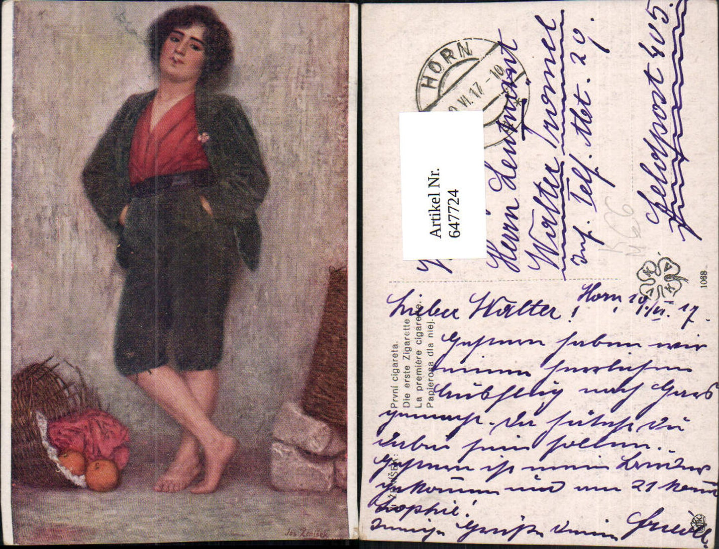 647724,Künstler Ak Jos. Zenisek Die erste Zigarette Frau Rauchen