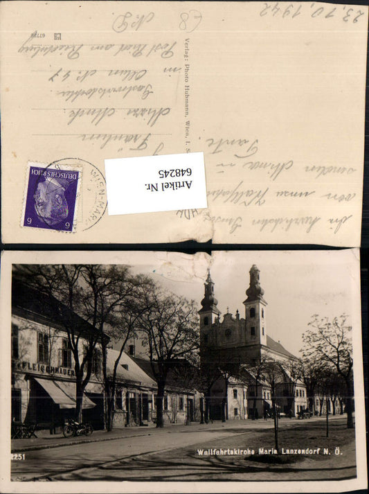 648245,Foto Ak Maria-Lanzendorf Straßenansicht m. Wallfahrtskirche Fleischhauer