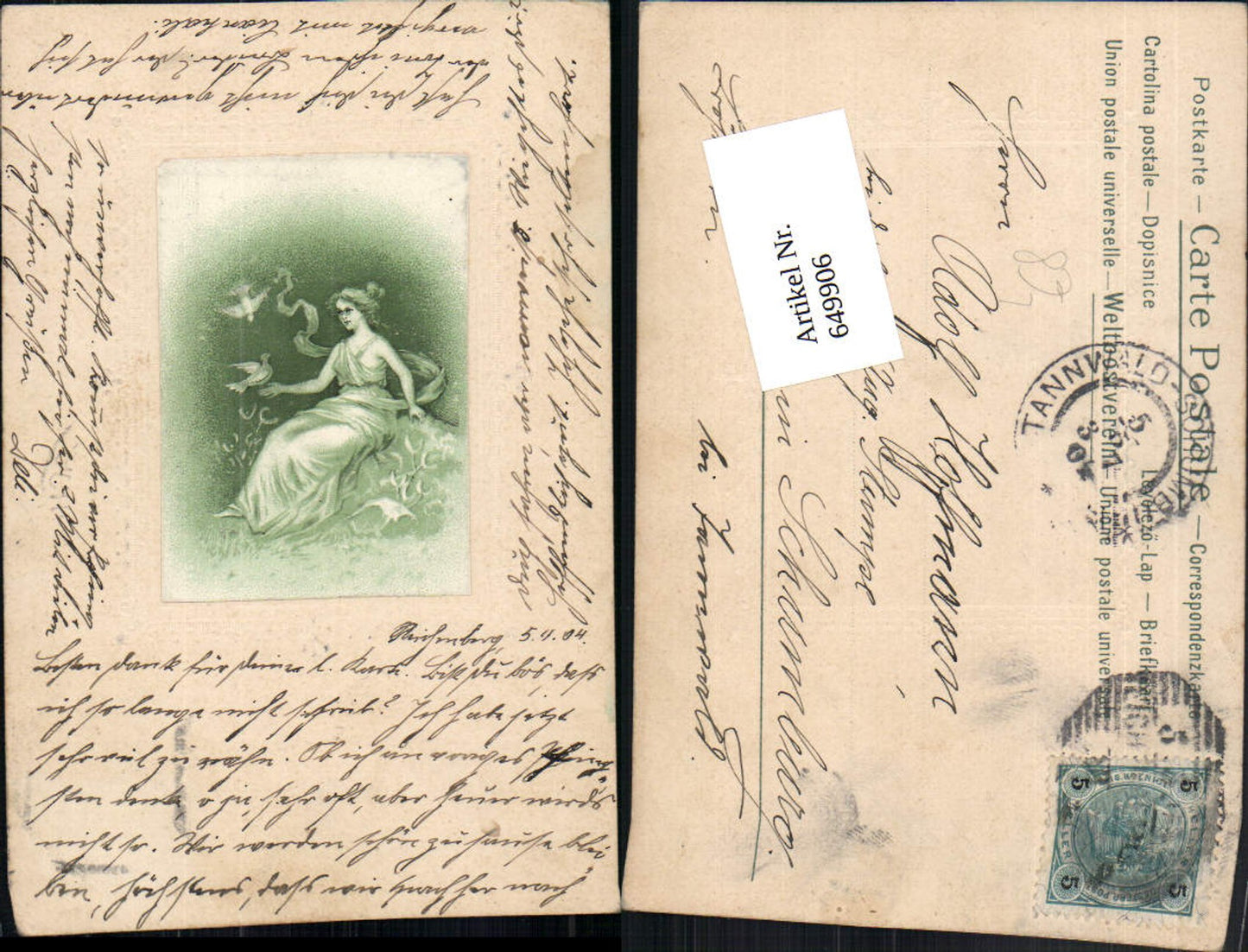 649906,Künstler AK Jugendstil Lithographie Frau Tauben