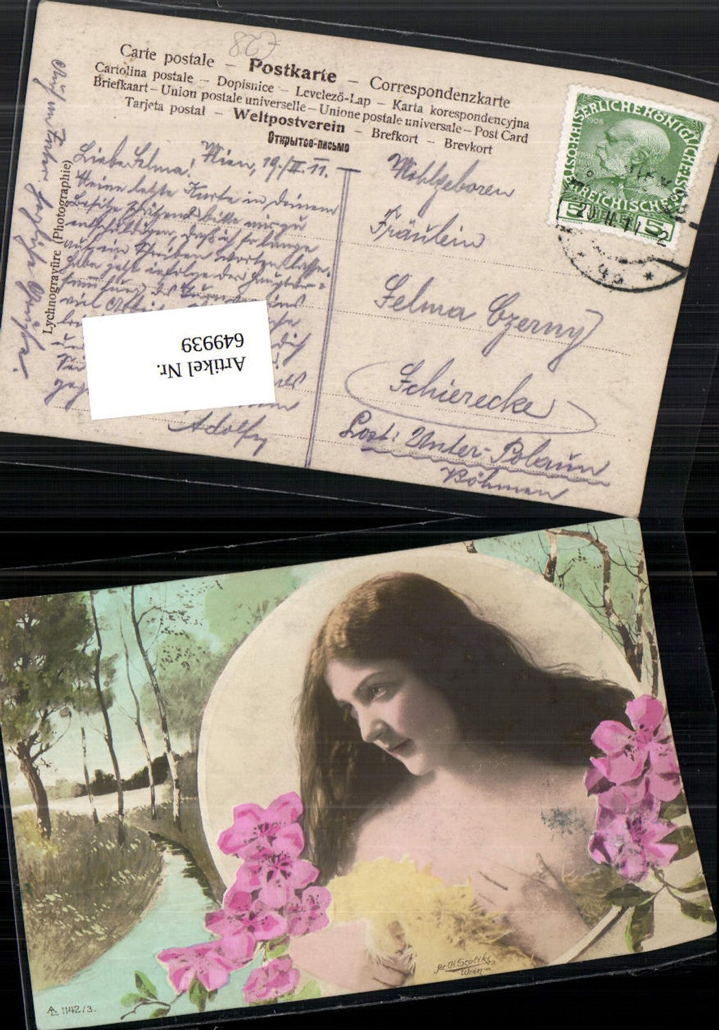 Künstler AK Jugendstil Frau Erotik Blumen Bach fec. CH. Scolik Wien handcoloriert