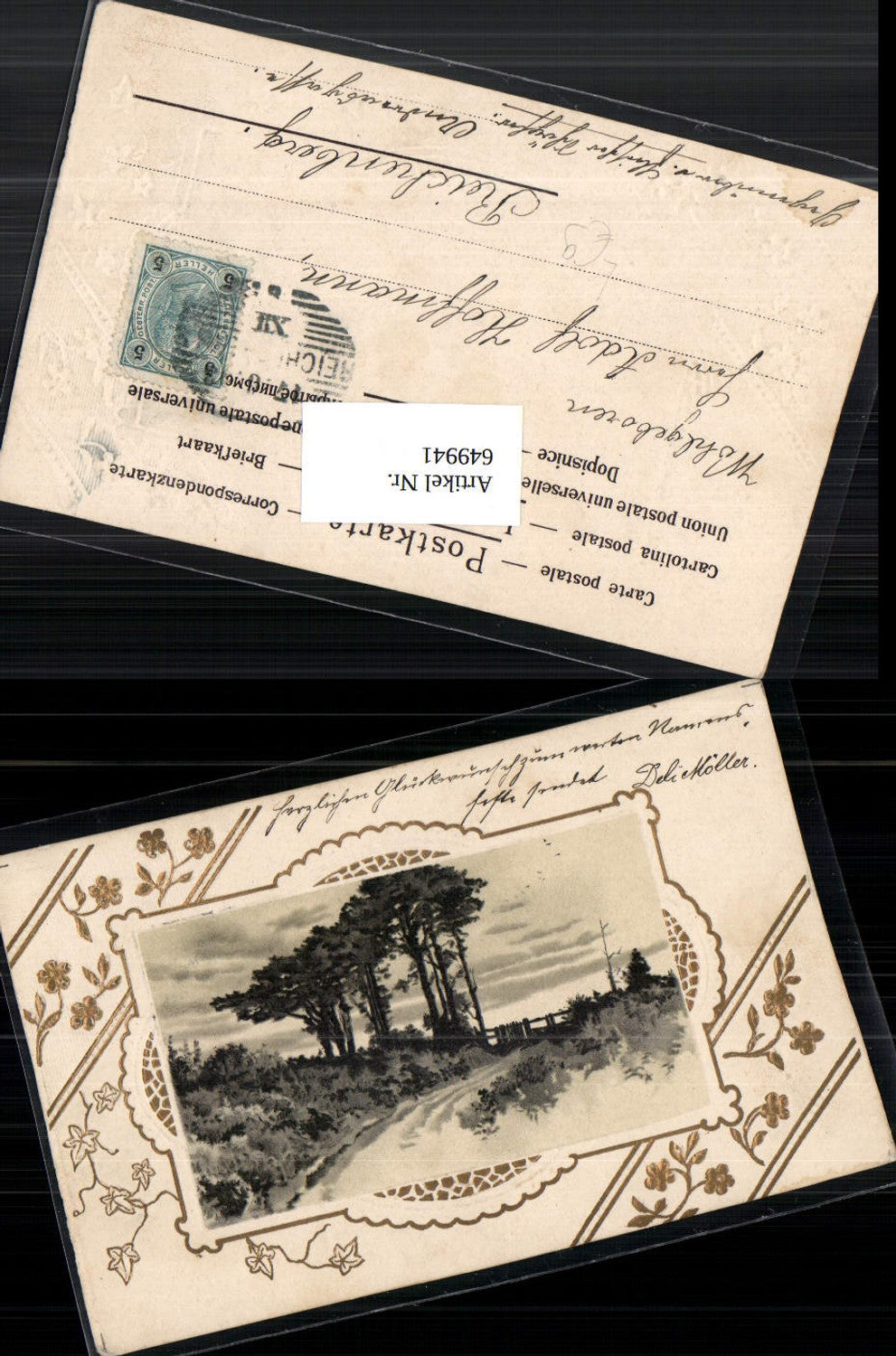 649941,tolle Präge Lithographie Jugendstil Wald Passepartout