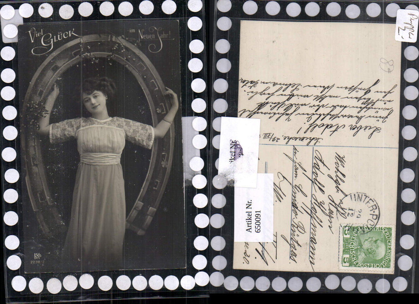 650091,Foto-AK Jugendstil Frau Glamour Hufeisen Neujahr Fotomontage