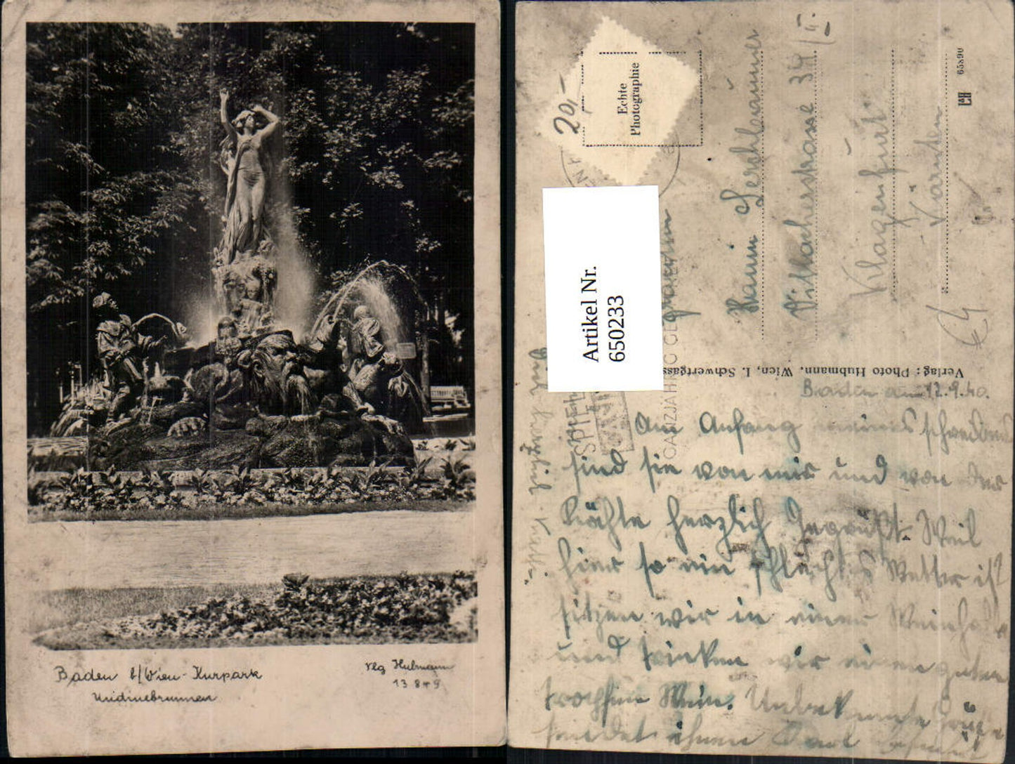 650233,Foto Ak Baden b. Wien Kurpark Undine Brunnen Springbrunnen