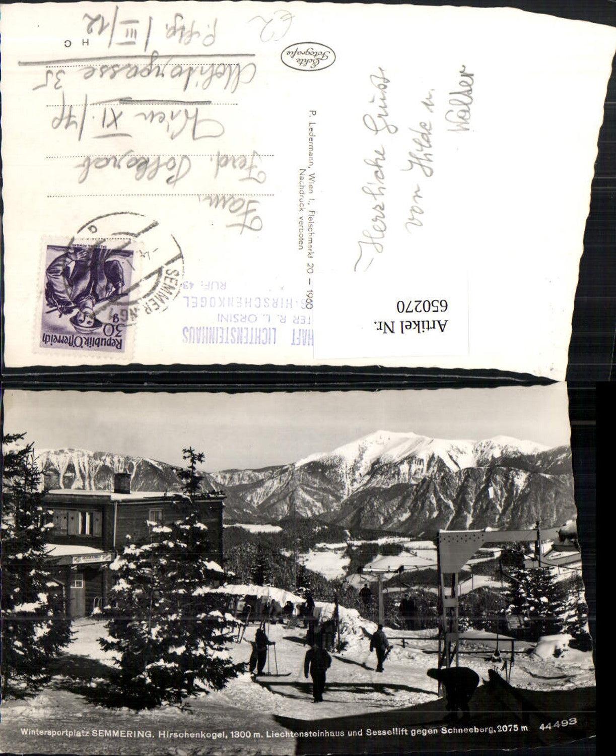 650270,Foto Ak Semmering Hirschenkogel Liechtensteinhaus Sessellift Wintersport