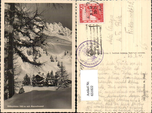 651822,Foto Ak Mühlbach am Hochkönig Arthurhaus m. Manndlwand Winteransicht