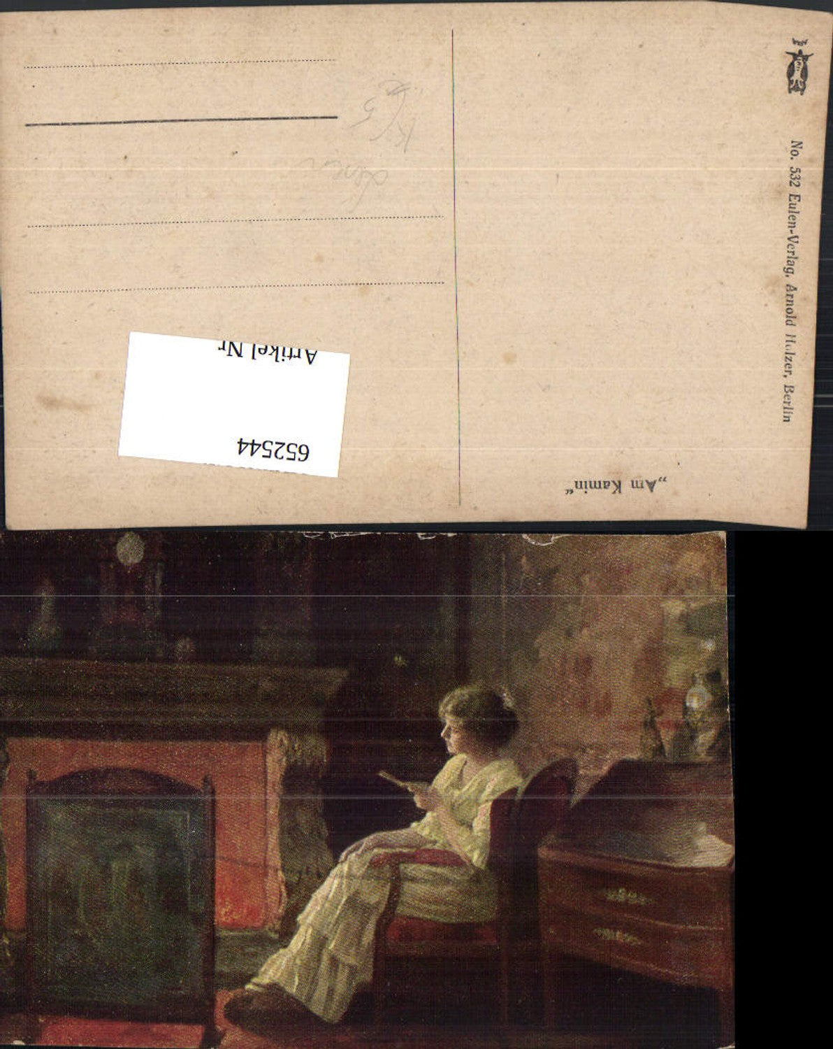 652544, Artist Ak By the Fireplace Woman Reading