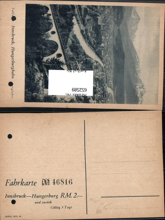 652589,Fahrkarte No 46816 Innsbruck Hungerburg Reichsmark 2 gelocht