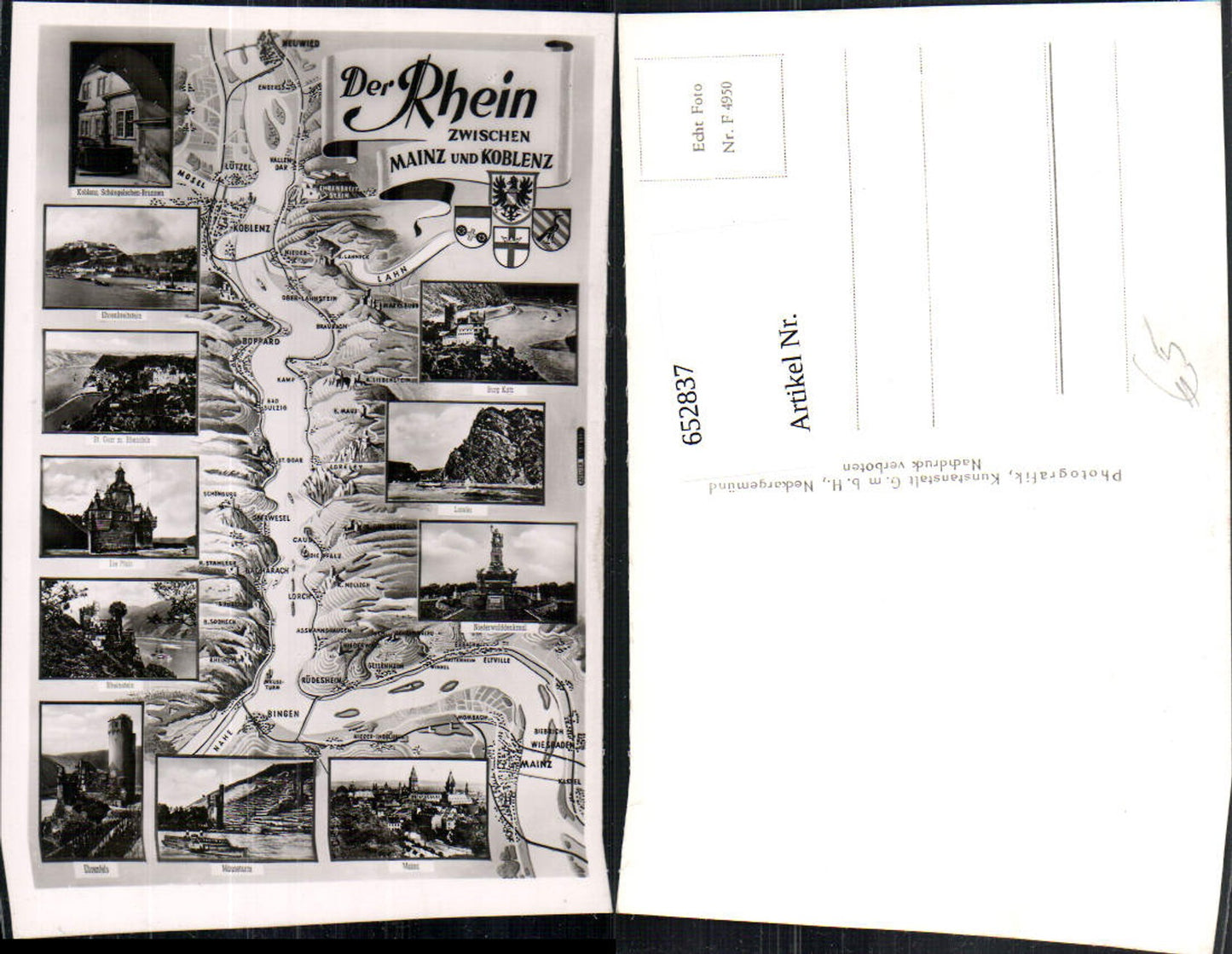 652837,Der Rhein zwischen Mainz u. Koblenz Ehrenbreitstein Lorelei Mäuseturm Lagekarte