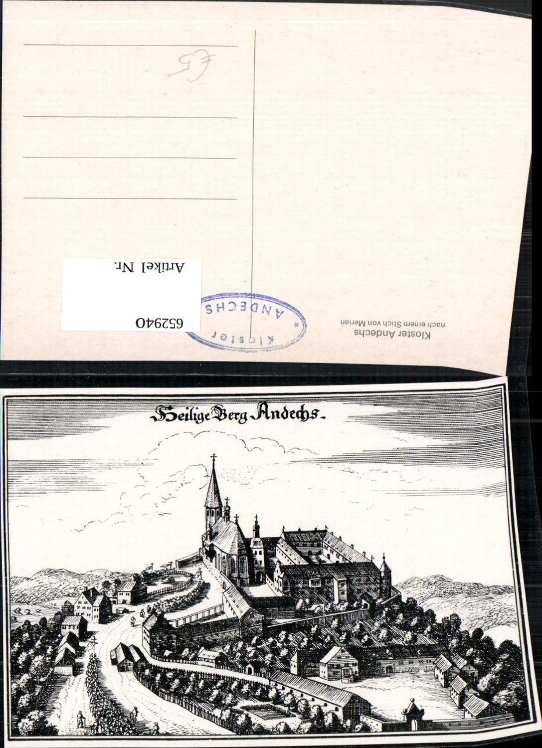 652940, Engraving by Merian Merian engraving Andechs Monastery Holy Mountain of Andechs