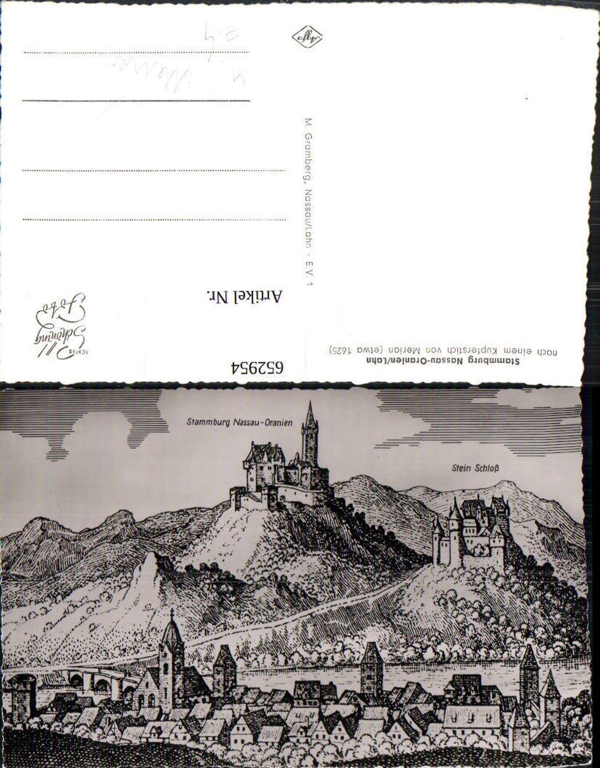 652954, Matthäus Merian, Merian engraving 1625, ancestral castle of Nassau, Orange-Nassau, Lahn
