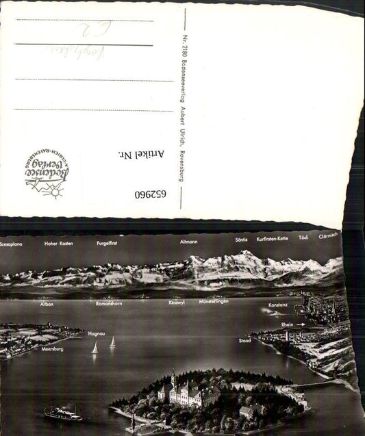 652960, Bird's eye view of Mainau Island in Lake Constance with Swiss Alps, ship/steamer