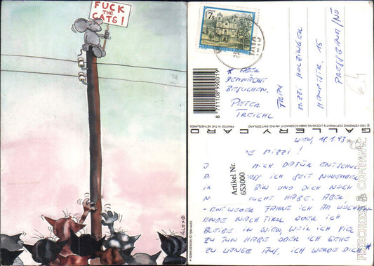 653000,Künstler Ak Alex Fuck the Cats Maus auf Stromleitung Humor