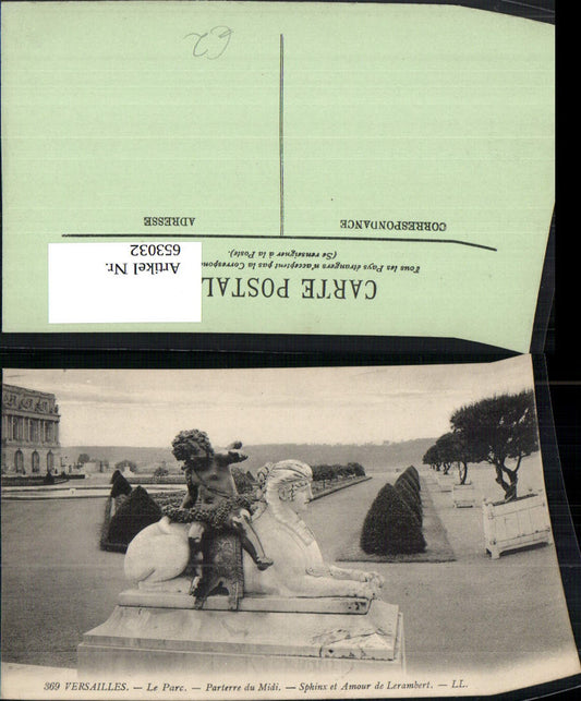 653032,Versailles Le Parc Parterre du Midi Sphinx et Amour de Lerambert Statue France