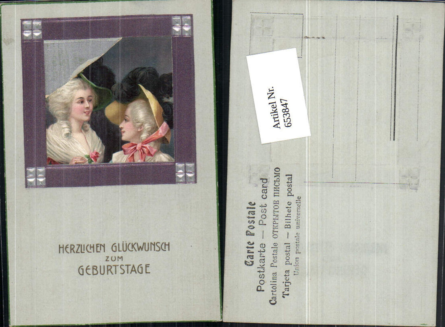 653847,tolle Künstler AK Art Deco Biedermeier Frau Hut Passepartout Präge AK