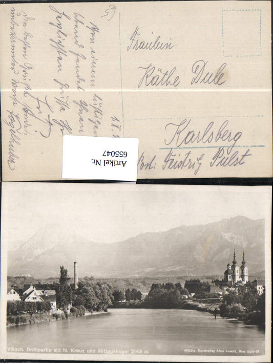 655047,Foto Ak Villach Draupartie m. hl. Kreuz u. Mittagskogel