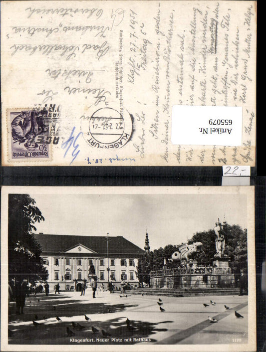 655079,Foto Ak Klagenfurt Neuer Platz mit Rathaus Lindwurm