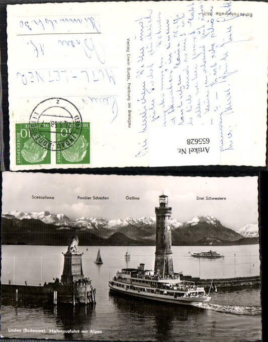 655628,Foto Ak Lindau Bodensee Hafenausfahrt mit Alpen Leuchtturm Schiff Dampfer