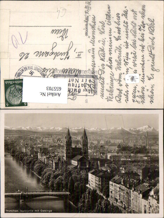 655703,Foto Ak München Isarpartie mit Gebirge