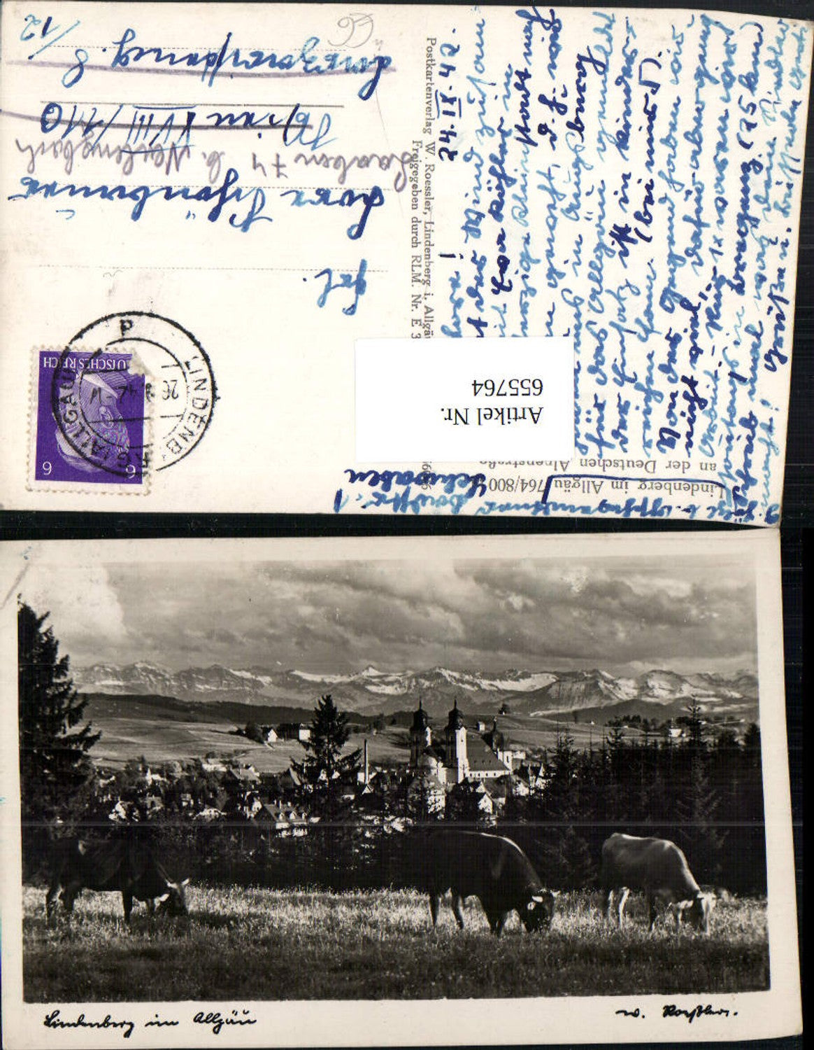 655764,Foto Ak Lindenberg im Allgäu Ansicht m. Kühe Rinder im Vordergrund