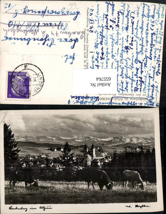 655764,Foto Ak Lindenberg im Allgäu Ansicht m. Kühe Rinder im Vordergrund