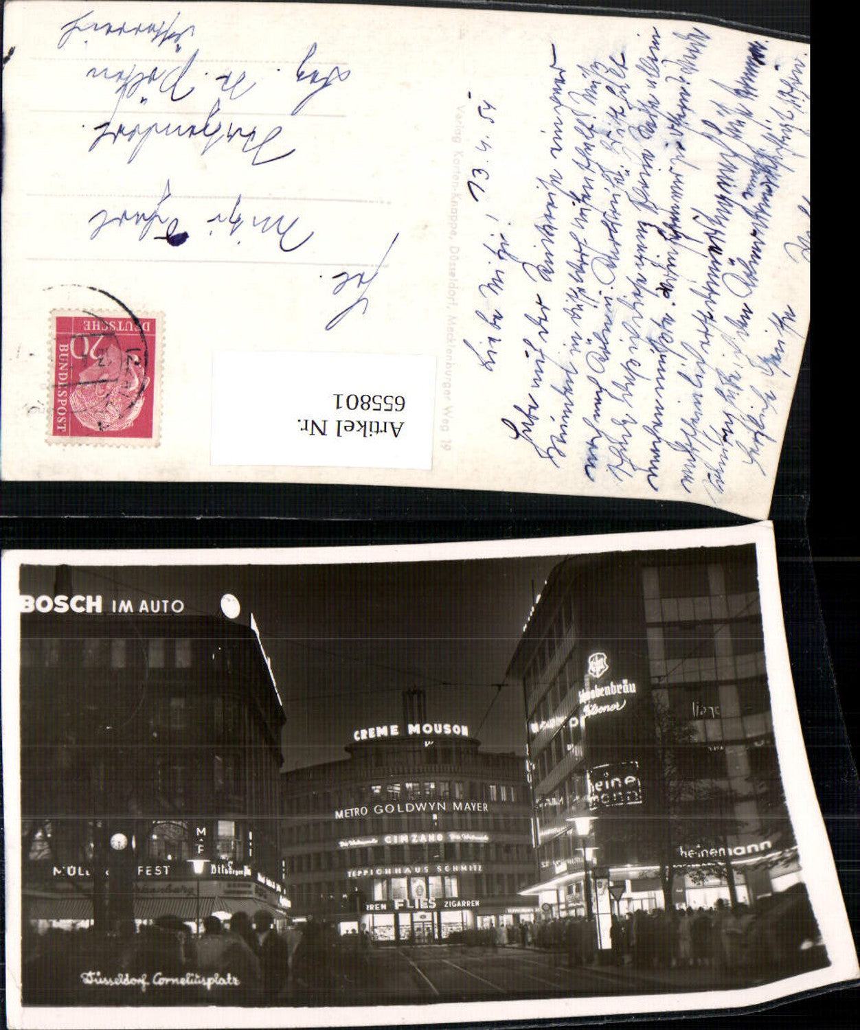 655801,Foto Ak Düsseldorf Corneliusplatz b. Nacht Reklame Bosch Heinemann