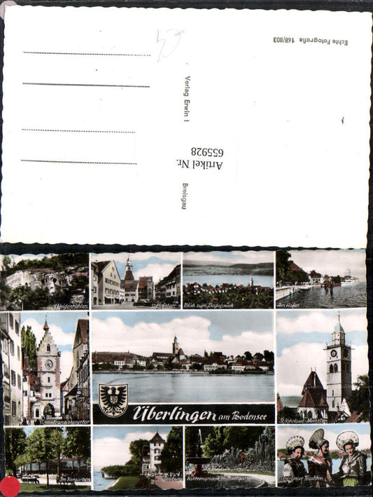 655928, Multi-image postcard of Überlingen on Lake Constance, Franciscan Gate at the harbor, traditional costume