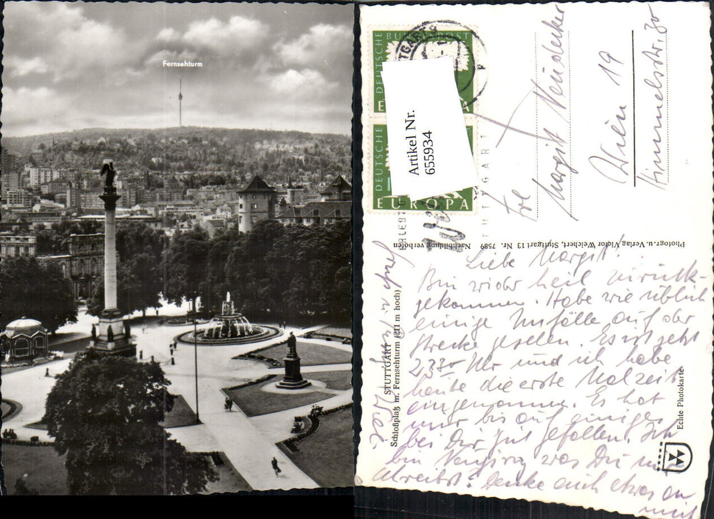655934,Stuttgart Schlossplatz m. Fernsehturm Springbrunnen
