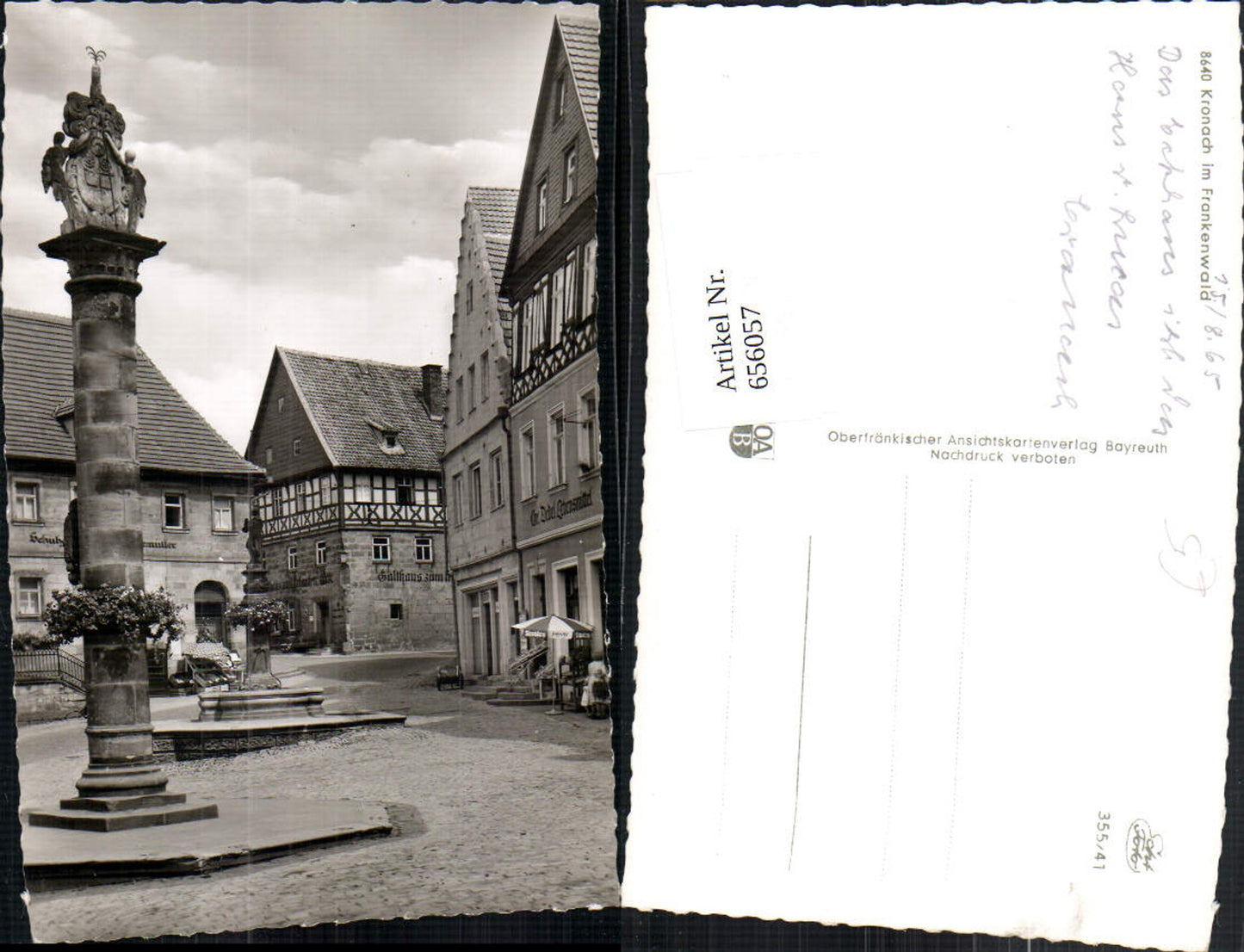 656057,Foto Ak Kronach im Frankenwald Platzansicht mit Säulen Denkmal