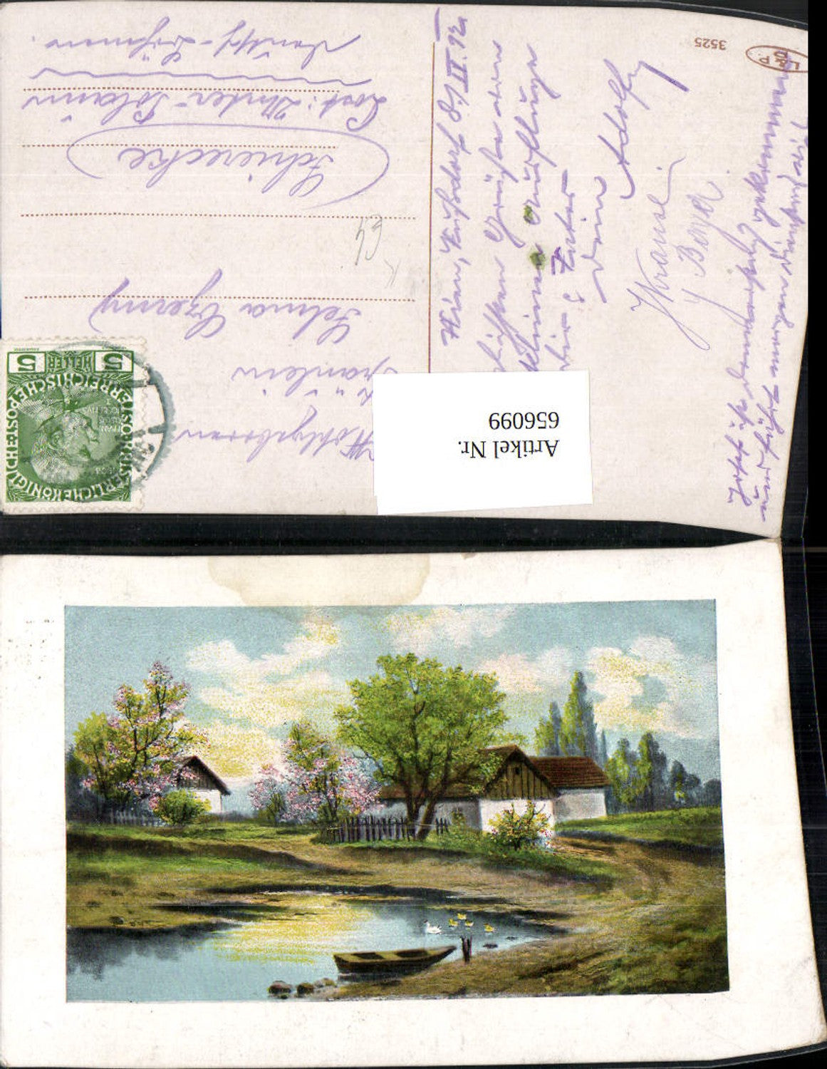 656099,Künstler Ak Haus Landschaft Boot Fluss Passepartout