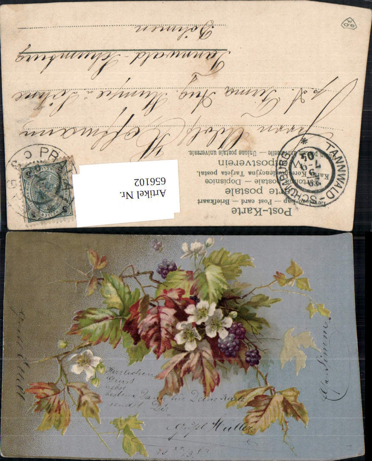 656102,Künstler Ak Zweig Blätter Blumen Trauben Herbst