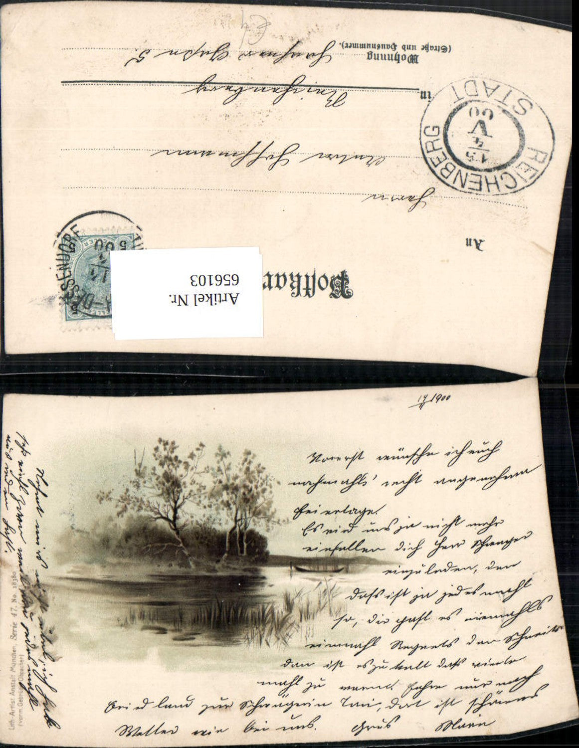 656103,Künstler Ak Bäume Landschaft Boot