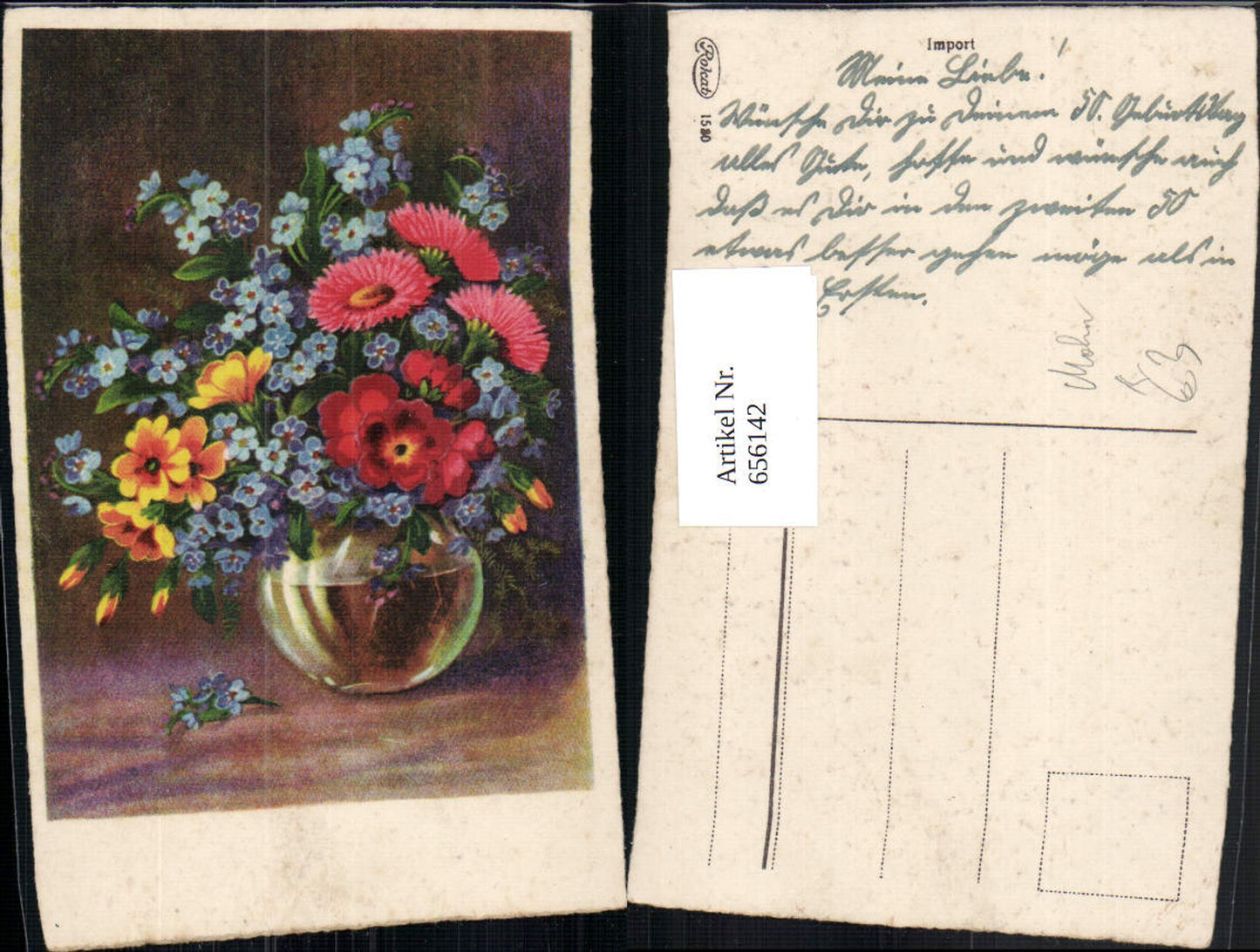 656142,Künstler Ak Stillleben Vase Blumen Vergissmeinnicht Mohn Klatschmohn