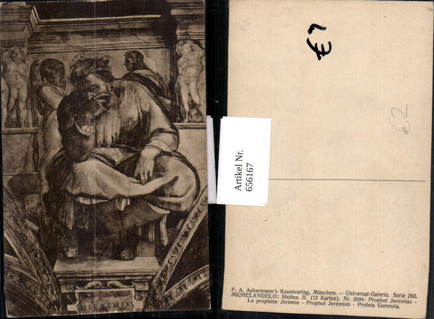 656167,Künstler Ak Michelangelo Sixtina Prophet Jeremias pub F. A. Ackermann 2694