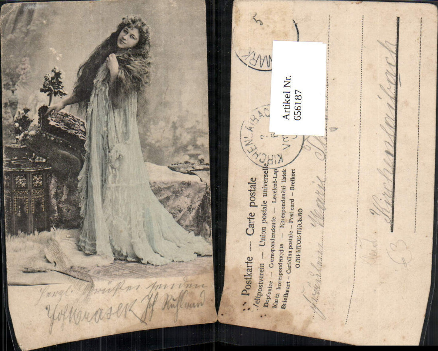 656187,Künstler Ak Frau Offene Haar Kleid Mode