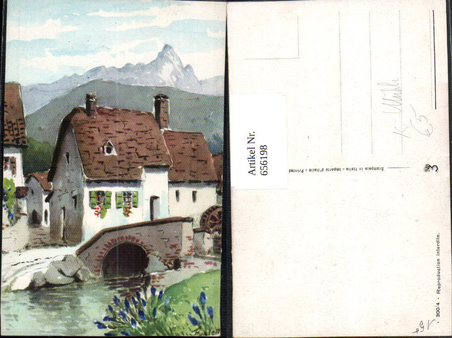656198,Künstler Ak Mühle Mühlrad Brücke Bergkulisse