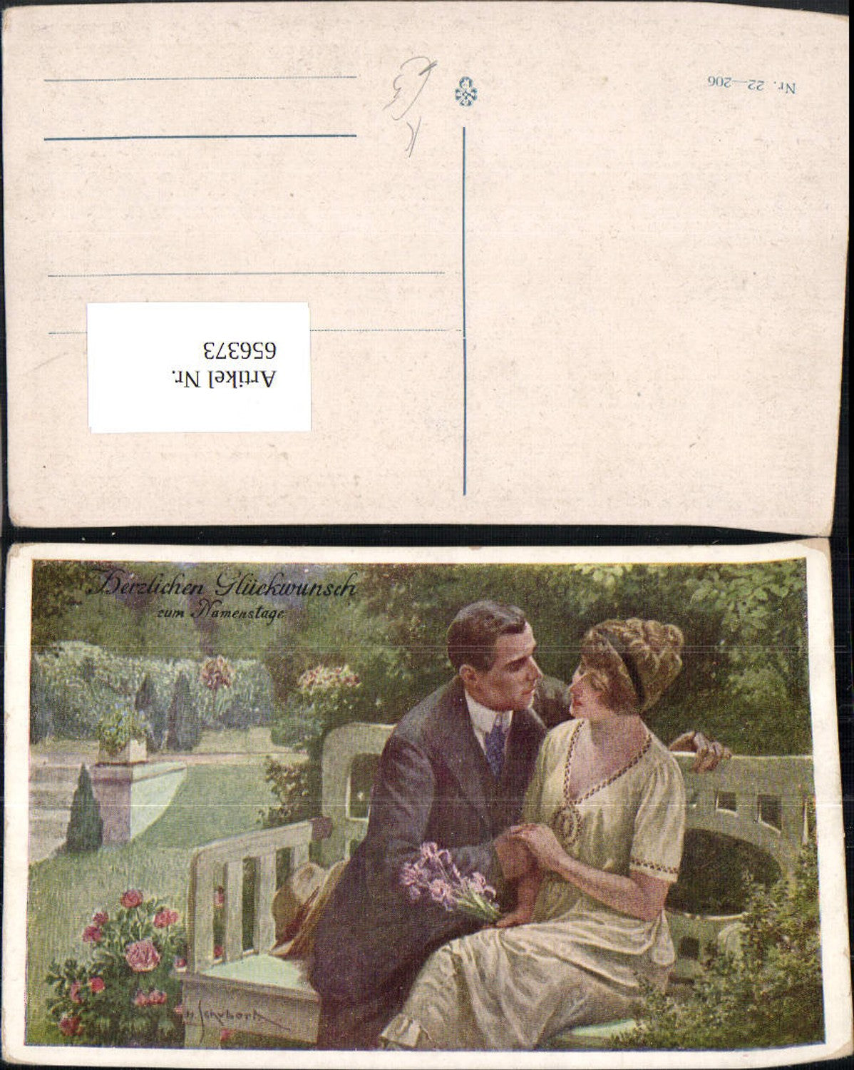 656373,Künstler Ak H. Schubert Paar a. Bank Liebe Namenstag