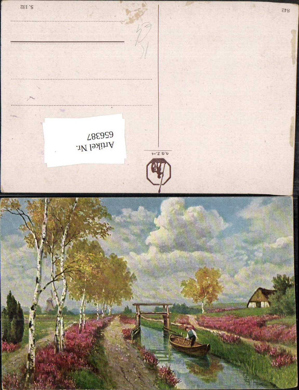 656387,Künstler Ak Fluss Boot Birken Bäume Landschaft