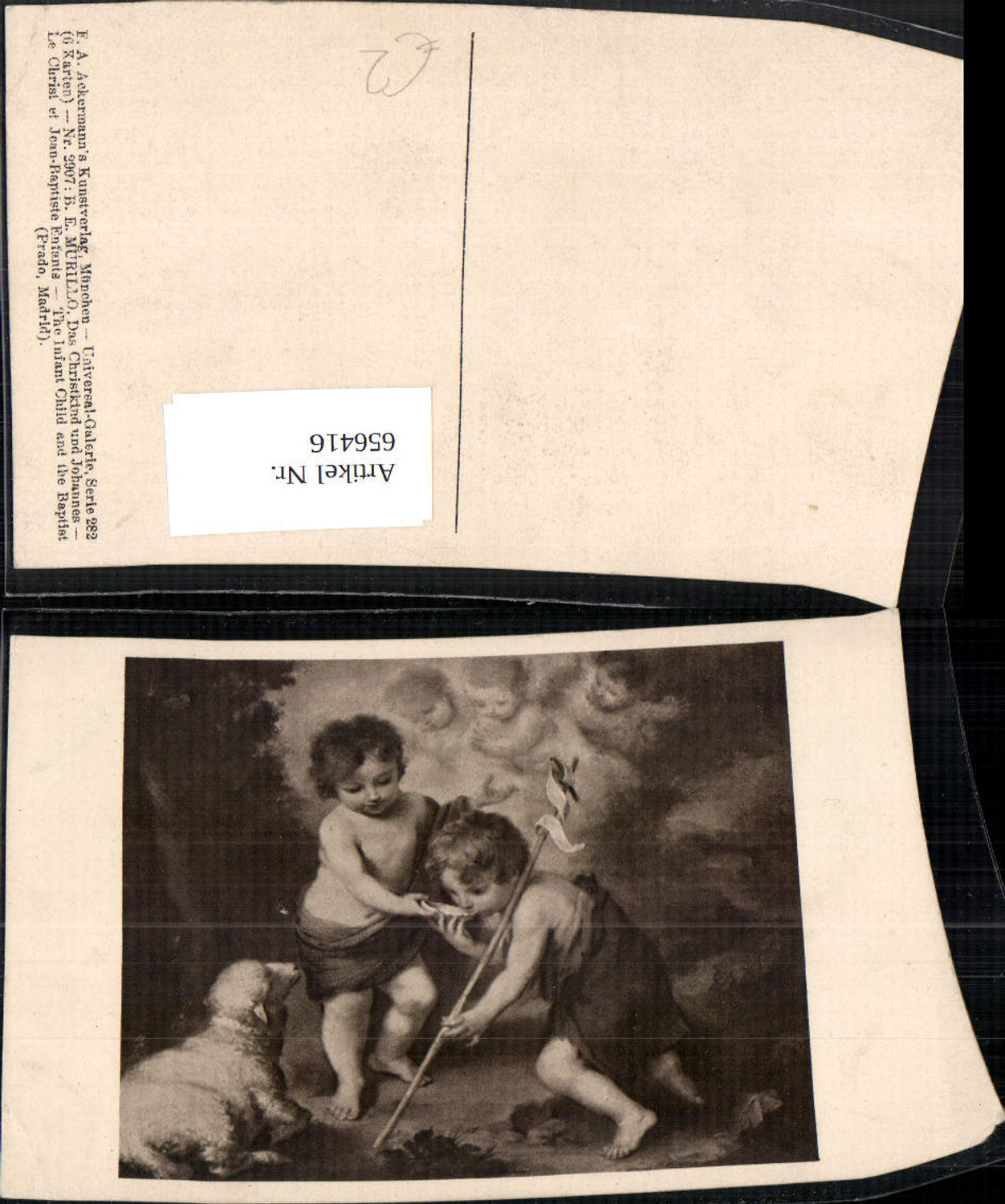 656416,Künstler Ak B. E. Murillo Das Christkind u. Johannes Lamm Engel Religion