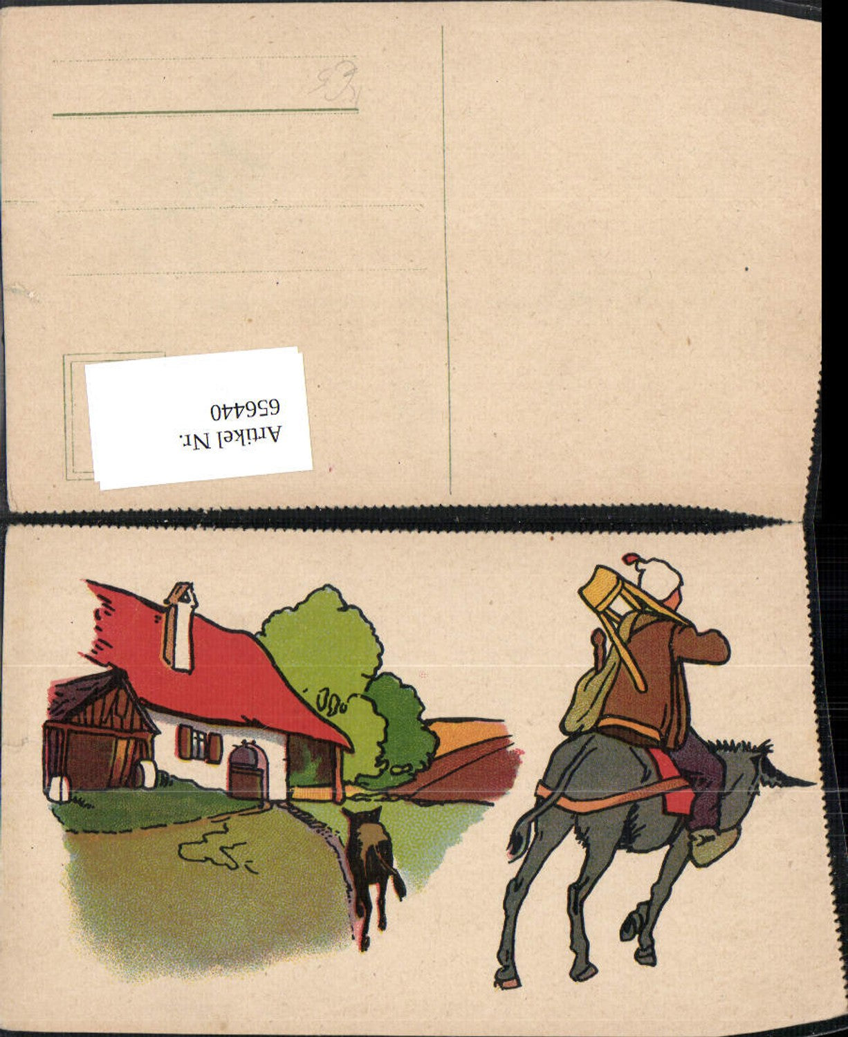 656440,Künstler Ak Reiter auf Esel Hund Bauernhaus