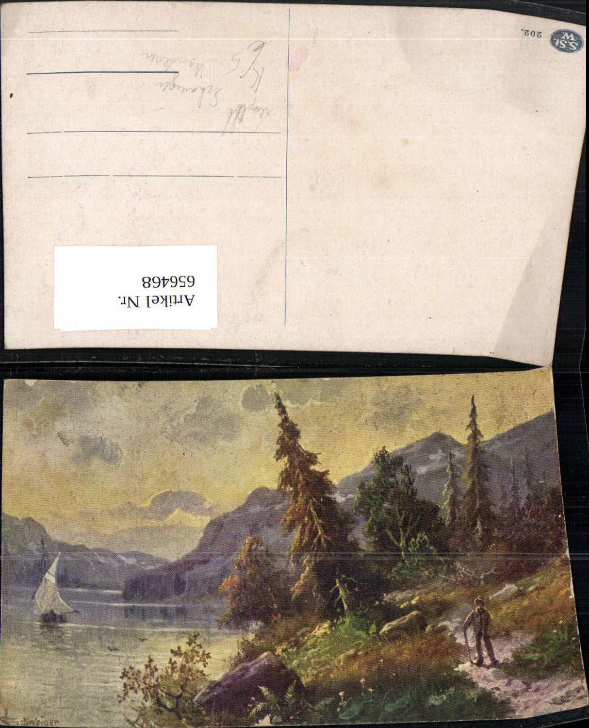 656468,Künstler Ak Leopold Schweiger Wander Wanderer Ufer Segelboot Landschaft