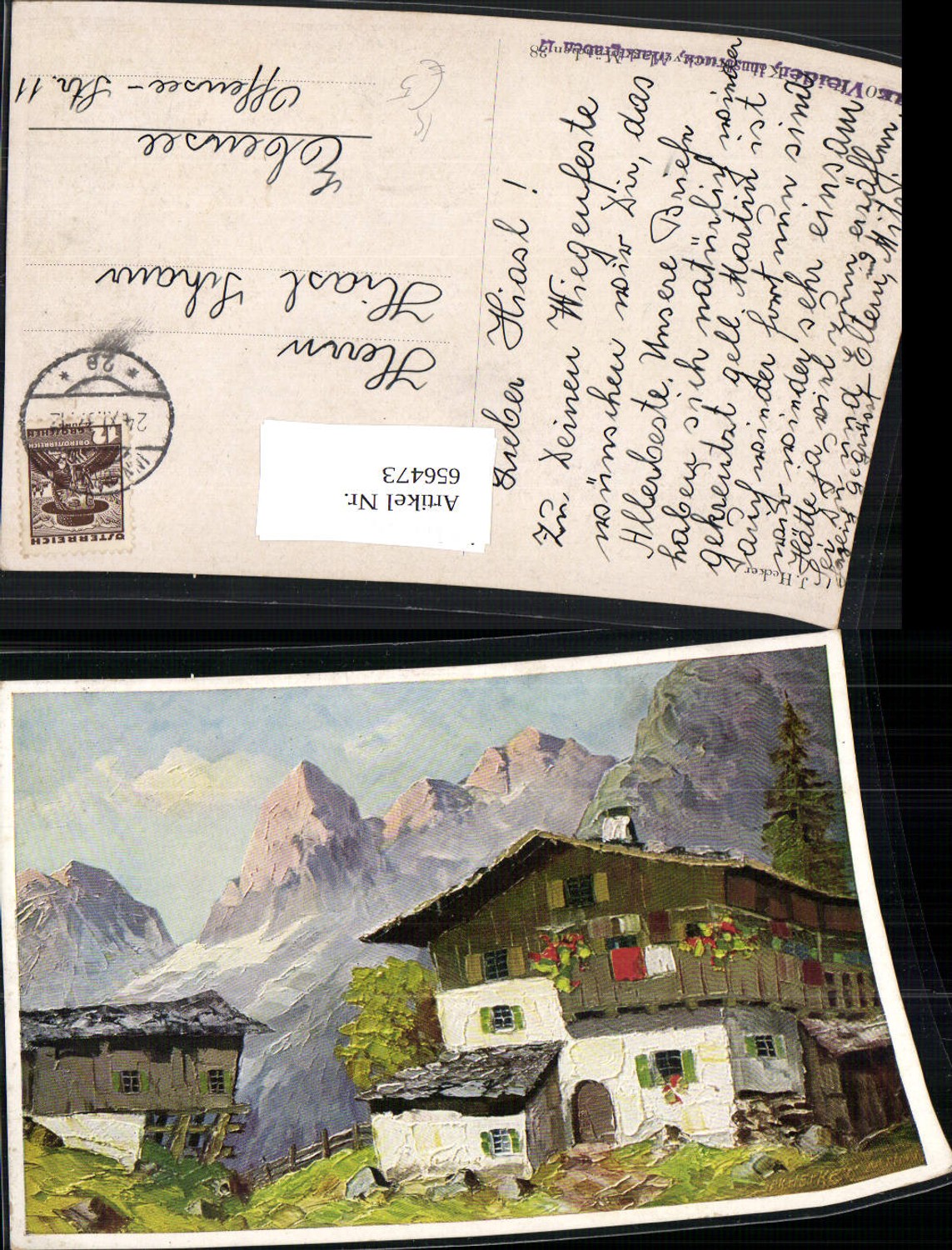 656473,Künstler Ak J. Hecker Bauernhaus Bergkulisse Haus