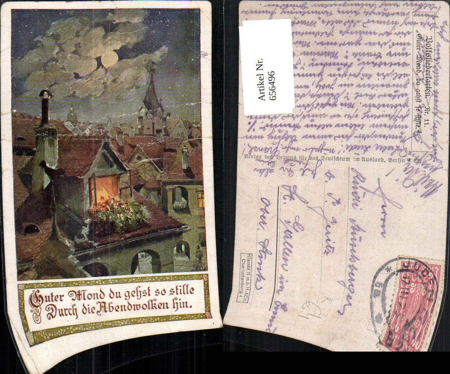 656496,Künstler Ak Volksliederkarte 11 Guter Mond du gehst so stille Dächer Stadt Mond