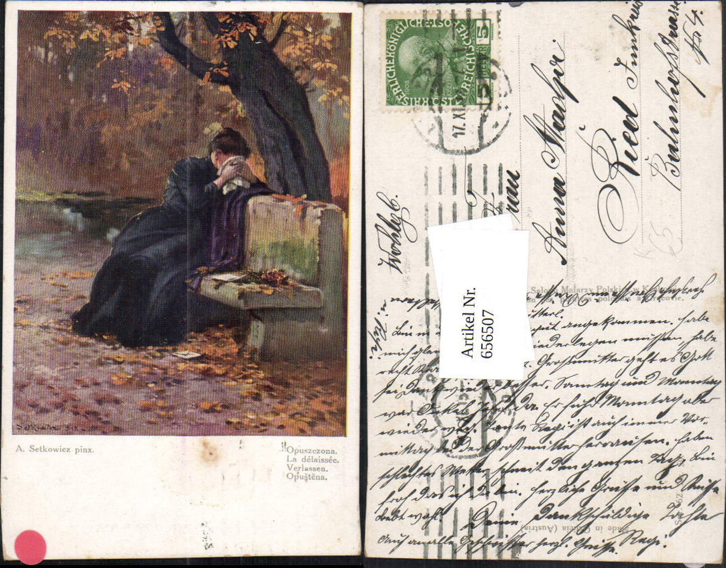 656507, Artist Ak A. Setkowicz, Abandoned Woman Crying on Bench, Autumn Tree